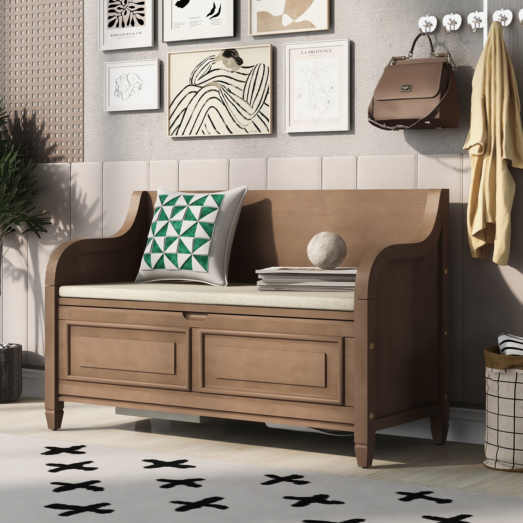 42" Rustic Solid Wood Entryway Multipurpose Storage Bench with Safety Hinges, Brown - ModernLuxe