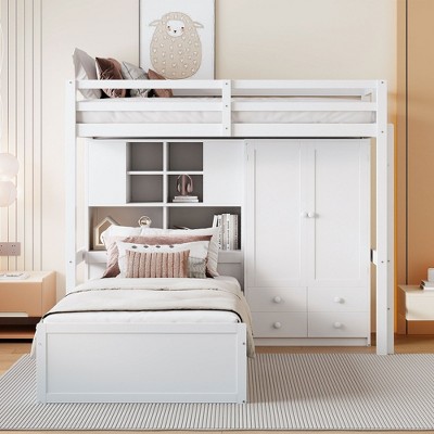 NicBex Twin Size Bunk Bed with Hydraulic Bed Wooden Bed Frame with Wardrobes, Drawers, Shelves, Ladder and Guardrail, No Box Spring Required