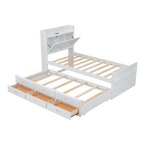 KTMBDW Bed Frame with Bookcase Storage Headboard, Charging Station, Wooden Bed Frame with Trundle, No Box Spring Needed - 1 of 4