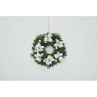 24" Pre-Lit Christmas Wreath with Berries Pinecones Poinsettia Flowers Lighted Artificial Christmas Wreath for Home Indoor Outdoor Decorations