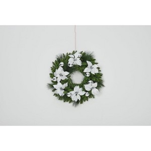 24" Pre-Lit Christmas Wreath with Berries Pinecones Poinsettia Flowers Lighted Artificial Christmas Wreath for Home Indoor Outdoor Decorations - 1 of 1