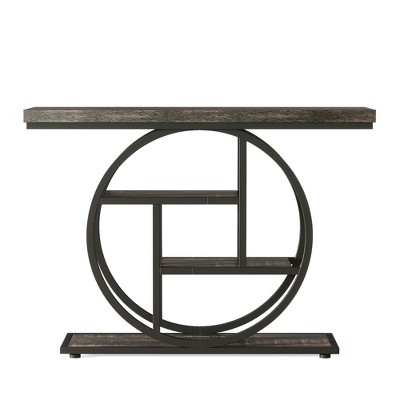 Lirago 4-Tier Entryway Table with Circular Metal Frame Made of Engineered Wood & Metal 11.81"D x 41.34"W x 31.5"H Rustic Black