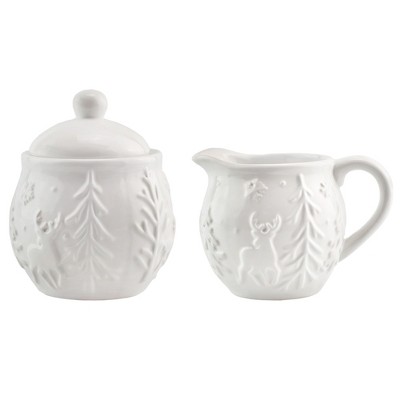 AuldHome Design White Reindeer Christmas Cream and Sugar Set; Ceramic Embossed Sugar Bowl w/ Cream Pitcher