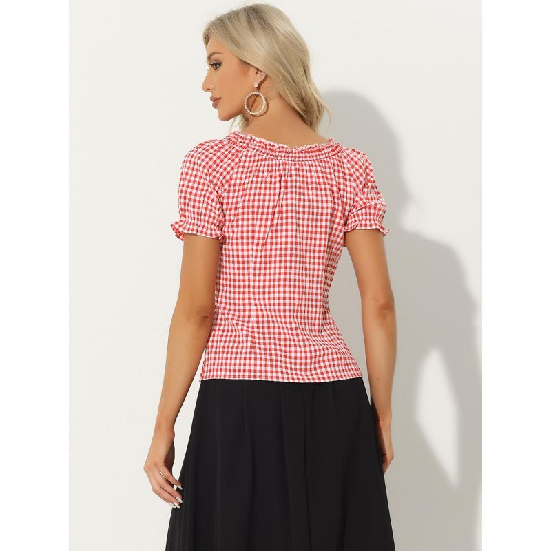 Allegra K Woman's Peasant Round Neck Ruffles Puff Sleeve Gingham Plaid Blouse, 3 of 6