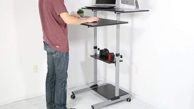 Mount-It! Wide Mobile Stand Up Desk | Height Adjustable Rolling Workstation with 40" Wide Table Tops | Multi-Purpose Rolling Presentation Cart - Gray, 2 of 11, play video