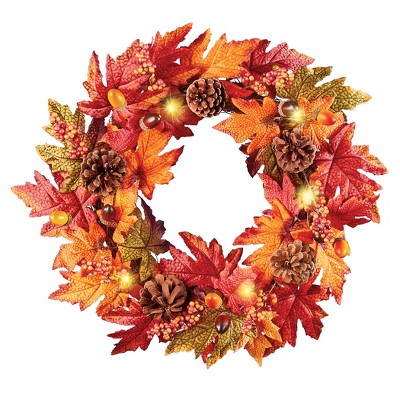 Collections Etc Led Lighted Outdoor Fall Leaves Autumn Wreath 18