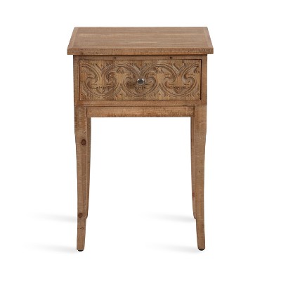 Hazelnut Rustic Wood Side Table with Carved Drawer