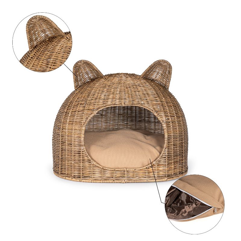 Cat Ear Coastal Handwoven Rattan Cat Bed with Machine-Washable Cushion, 4 of 10
