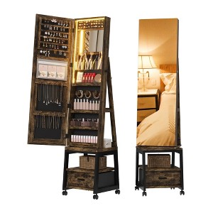 LED Mirror Jewelry Cabinet, 360° Swivel Frameless Full-Length Mirror 66 Inch Tall Standing Lockable Jewelry Armoire Organizer, Foldable Makeup Shelf - 1 of 4