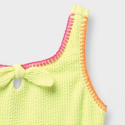 Cat & Jack Girls' Colorful Crinkle Solid One Piece Swimsuit - Cat & Jack™ Lime M — фото 3