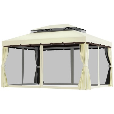 Cream White and Brown Aluminum Frame Patio Gazebo with Mesh Curtains