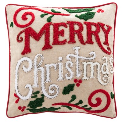 Merry Merry Pillow - Green/Red/Beige - 18" X 18" - Safavieh