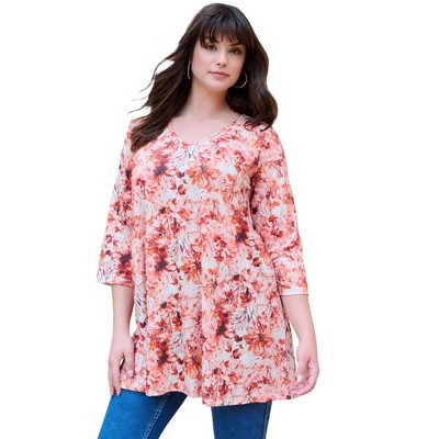 Roaman's Women's Plus Size V-Neck Printed Tunic