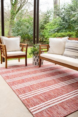Rust Red and Ivory Striped Outdoor Synthetic Rug, 8' x 10'