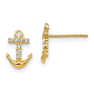 Black Bow Jewelry Children's 14k Yellow Gold & CZ 9mm Anchor Cross Post Earrings