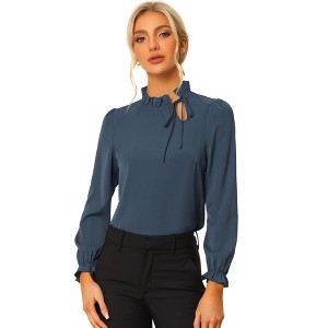 INSPIRE CHIC Women's Elegant Long Sleeve Ruffle Tie Neck Business Work Top - 1 of 4