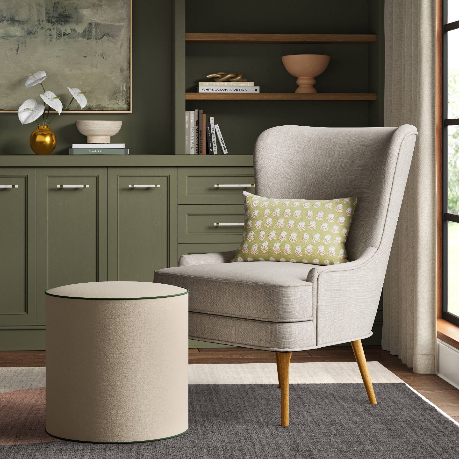 Contrast Welt Drum Ottoman in Velvet Pearl Emerald Welt - Threshold™