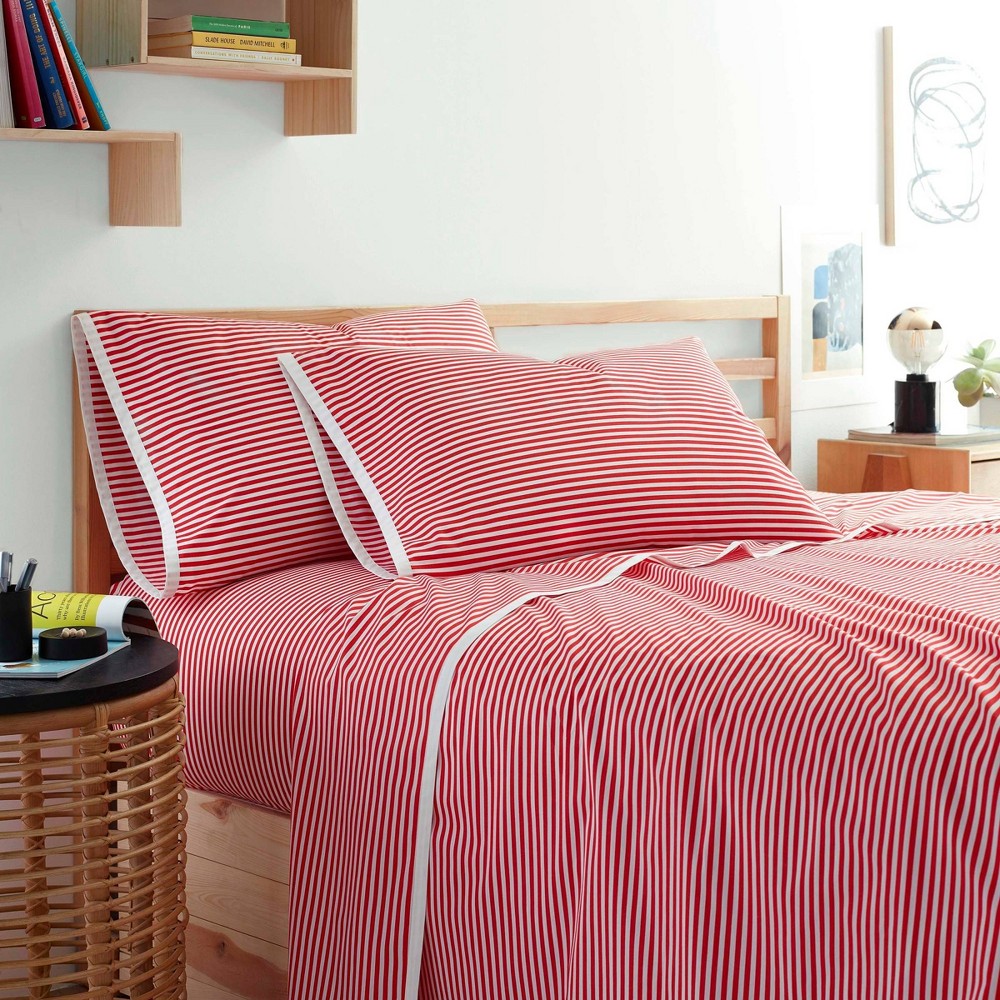 Photos - Bed Linen Martex King Clean AF Printed Sheet Set Red Pinstripe  