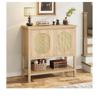 Farmhouse Console Table, 2 Rattan Doors & Shelf, Versatile Sofa Table for Kitchen, Hallway, Dining Room