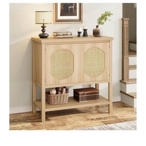 Farmhouse Console Table, 2 Rattan Doors & Shelf, Versatile Sofa Table for Kitchen, Hallway, Dining Room - 1 of 4