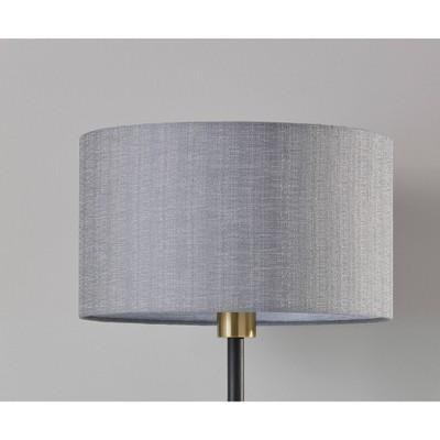 24" Black and Antique Brass Desk Lamp with Gray Fabric Shade