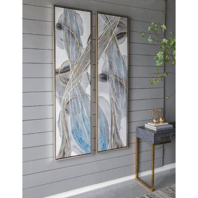 Tall Abstract Framed Oil Paintings in Purple, Gold, and Blue