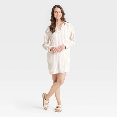Women's Long Sleeve Popover Mini Shirtdress - Universal Thread™ Tan Striped S: Linen Rayon Blend, Pullover, Seam Pocket