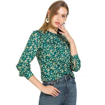 Allegra K St Patrick's Day Boho Daisy Floral Ruffled Neck Button Down Long Sleeve Blouses