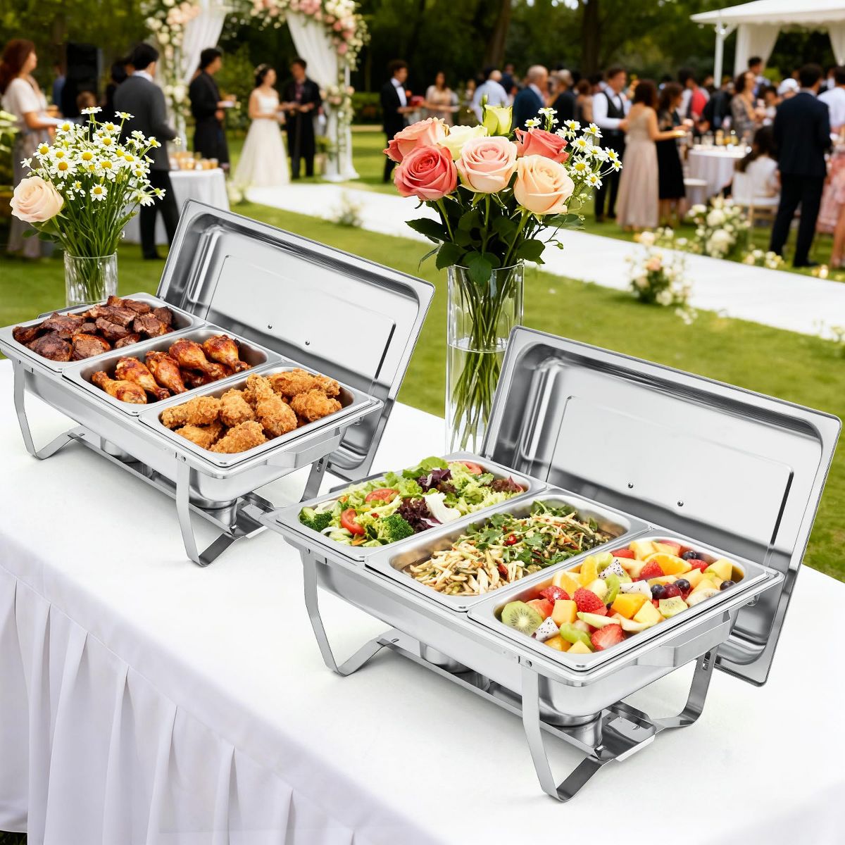 Professional Stainless Steel Chafing Dish Buffet Set, 3-Well Rectangular Food Warmer Trays for Catering & Weddings - thumbnail 7