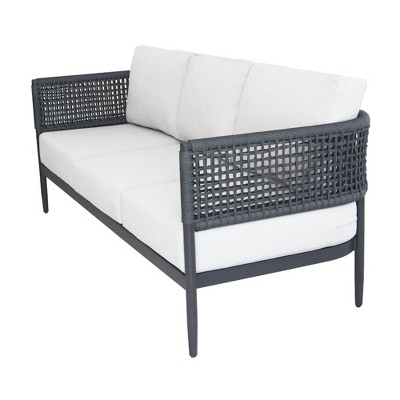 Outdoor Black Wicker and Metal Three-Seater Sofa with Off-White Cushions