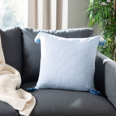 Blue and White Square Embroidered Decorative Pillow with Tassels