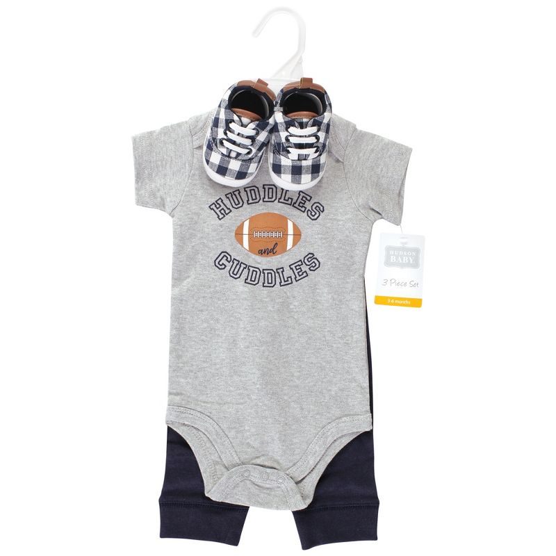 Hudson Baby Infant Boy Cotton Bodysuit, Pant and Shoe Set, Football Huddles Short Sleeve, 2 of 6