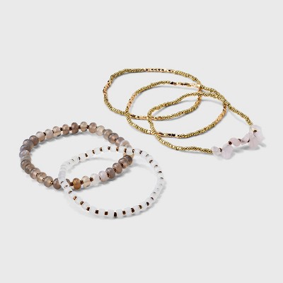 Mixed Rose Quartz Semi-Precious and Cylinder Beaded Bracelet Set 5pc - Universal Thread™