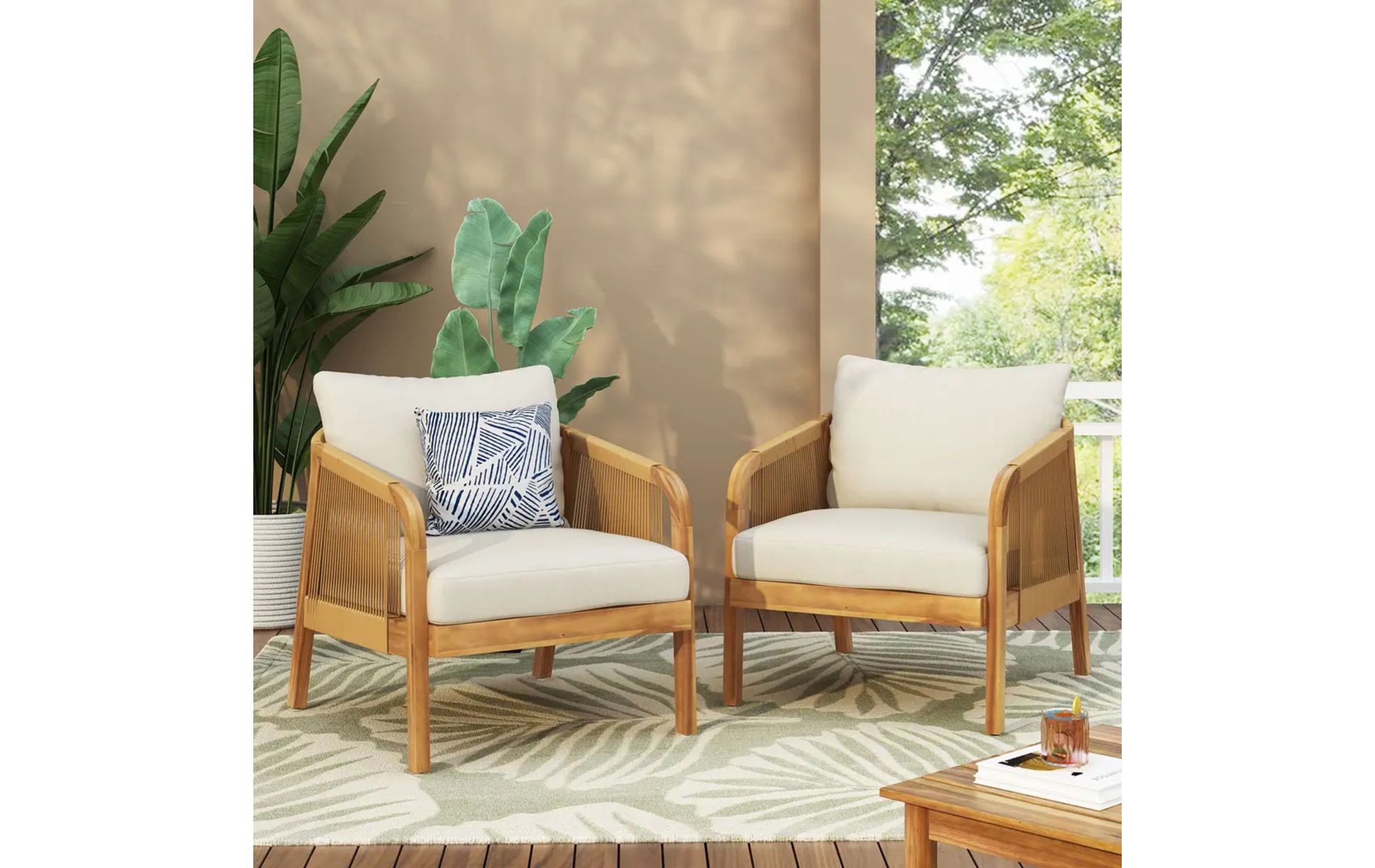 Set of 2 Acacia Wood Club Chair with Faux Rattan and Beige Water-Resistant Cushion, Slatted Outdoor Armchair for Porch or Deck -Baofuwish