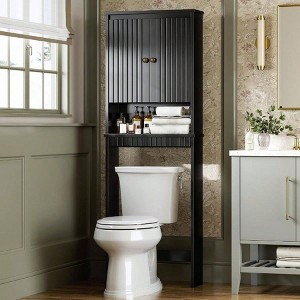 Over Toilet Storage Cabinet, Fluted Panel Doors, Soft Hinges, Black Bathroom Organizer, Space Saver Behind Toilet Rack - 1 of 4