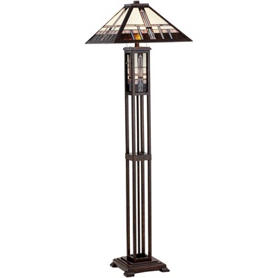 Robert Louis Tiffany Mission Floor Lamp Art Deco with Nightlight Oiled Bronze Stained Glass Shade for Living Room Reading Bedroom