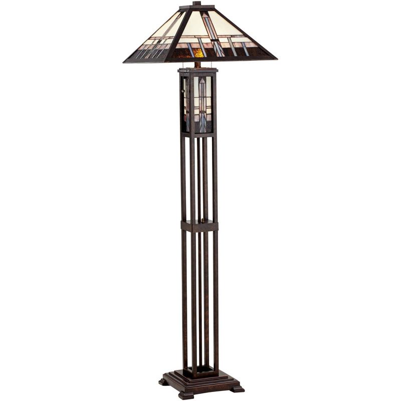 Robert Louis Tiffany Mission Rustic Floor Lamp 60 1/2" Tall Oiled Bronze with Nightlight Geometric Stained Art Glass Shade for Living Room Bedroom, 1 of 11