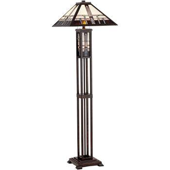 Robert Louis Tiffany Mission Rustic Floor Lamp 60 1/2" Tall Oiled Bronze with Nightlight Geometric Stained Art Glass Shade for Living Room Bedroom