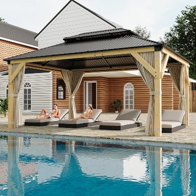 12x16 FT Upgraded Wooden Gazebo, Double Galvanized Steel Hardtop Roof, Outdoor Pavilion with Netting & Curtains, Perfect for Patio, Garden, Backyard