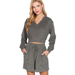 Slickblue Women's Comfy V-Neck Long Sleeve Terry Toweling Top with Elastic Hem - Color and Size Options - 1 of 4