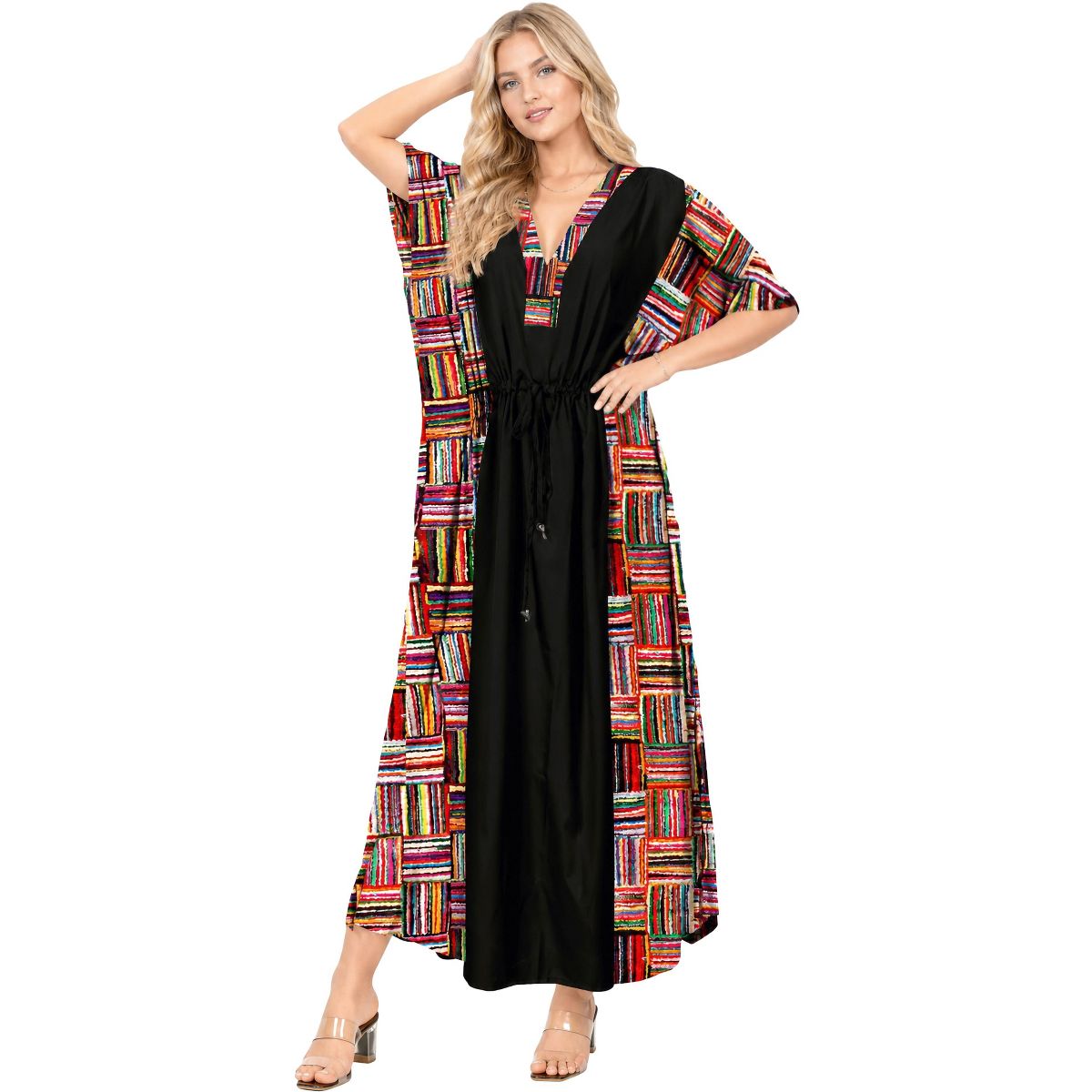 LA LEELA Summer Rayon Blend Women Vacation Caftan Dress Holiday Resortwear Cruise Pregnancy Wear Comfortable Lounge Outfit 2X-3X Red Stripe