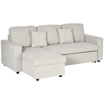 HOMCOM Sectional Sleeper Sofa, Linen Fabric L Shaped Couch with Pull out Bed, Reversible Storage Chaise for Living Room, Apartment, 3-seat