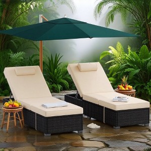 Reclining Patio Lounge Chairs Set of 2, Brown Wicker with Blue Cushions for Outdoor, Poolside, Indoor Use - 1 of 4