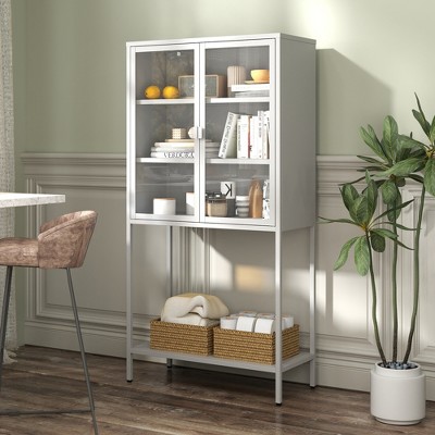 Dolonm White/Black Metal Glass-Door Display Cabinet, 5-Tier Storage Bookshelf with Adjustable Shelves,for Living Room & Kitchen