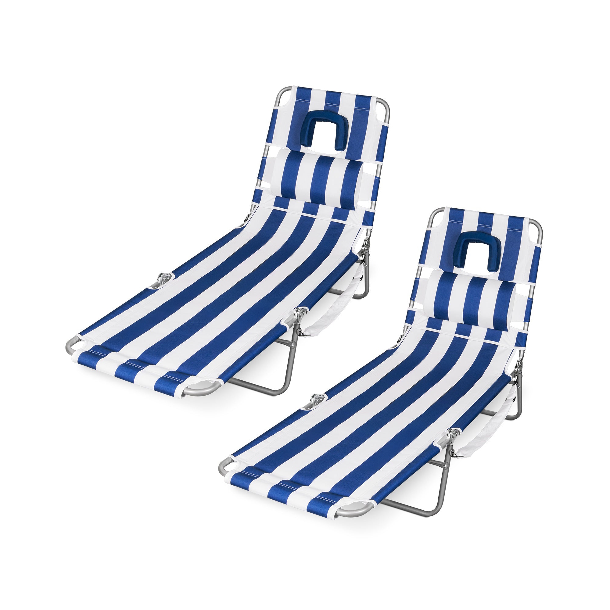 SUNSPIRE 2 Pack Folding Beach Lounge Chair with Face Hole Pillow Side Pocket, Portable Reclining Tanning Sun Lounger for Beach Pool Patio Navy Stripe