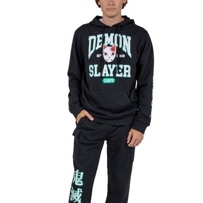 Demon Slayer Varsity Text Cat Mask Men's Black Hoodie & Jogger Set