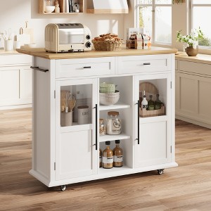 41" Kitchen Island with Drop Leaf, Rolling Island with 2 Glass Door Cabinets, 3 Open Shelves & 2 Drawers, Mobile Island Table, White and Natural - 1 of 4