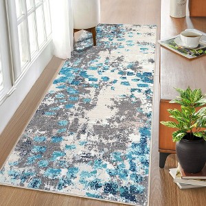 Modern Abstract Rug Machine Washable Throw Rug Boho Chic Abstract Watercolor Design Area Rug, 2'x6' Blue Gray - 1 of 4