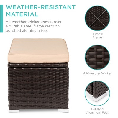 Brown Steel Frame Outdoor Wicker Ottomans with Beige Cushions