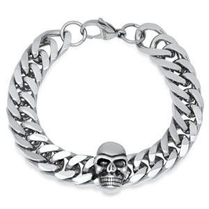 Steeltime Men's stainless steel thick cuban link chain bracelet with skull charm - 1 of 4